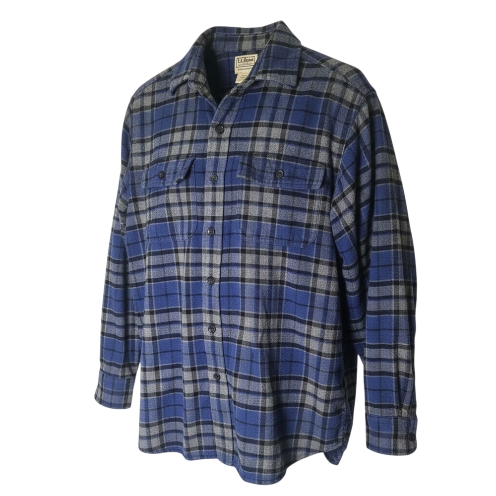 L.L. Bean Men’s Plaid Blue Flannel Shirt Med Heavy Cotton Workwear Outdoor Comfy